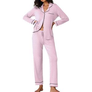 Ekouaer Pajamas Women’s Long Sleeve Sleepwear Soft Button Down Loungewear Pjs Lounge Set Nightwear XS-XXL(Pink With Black Dots)