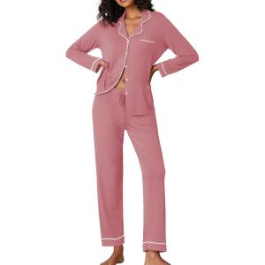 Ekouaer Pajamas Women’s Long Sleeve Sleepwear Soft Button Down Loungewear Pjs Lounge Set Nightwear XS-XXL(Purple Red)