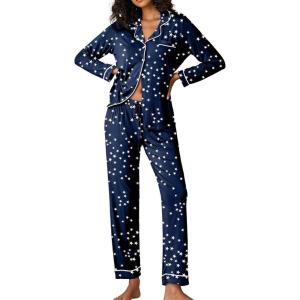 Ekouaer Pajamas Women’s Long Sleeve Sleepwear Soft Button Down Loungewear Pjs Lounge Set Nightwear XS-XXL(Stars Pattern – Navy)