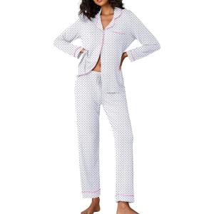 Ekouaer Pajamas Women’s Long Sleeve Sleepwear Soft Button Down Loungewear Pjs Lounge Set Nightwear XS-XXL(White With Black Dots)