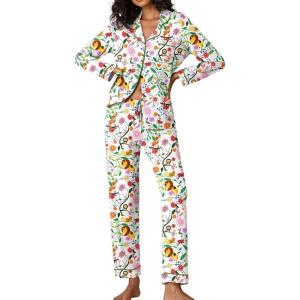 Ekouaer Pajamas Women’s Long Sleeve Sleepwear Soft Button Down Loungewear Pjs Lounge Set Nightwear XS-XXL(White-animal)