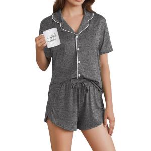 Ekouaer Pajamas for Women Set Button Up Sleepwear 2 Piece Pjs Lounge Set Short Sleeve Nightwear(Dark Gray)