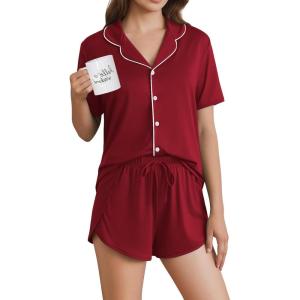 Ekouaer Pajamas for Women Set Button Up Sleepwear 2 Piece Pjs Lounge Set Short Sleeve Nightwear(Wine Red)