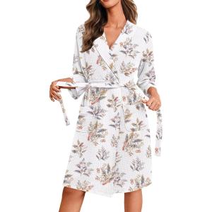 Ekouaer Robes for Women Waffle Knit Bathrobe Lightweight Kimono Robe Knee Length Loungewear with Pockets(Floral White)