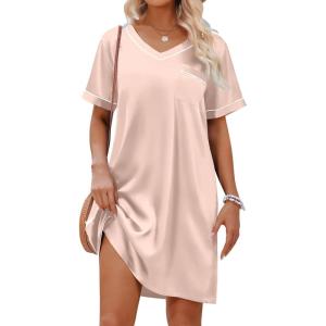 Ekouaer Satin Silk Nightgown for Women Silky Loose Sleepwear V Neck Nightshirt Short Sleeve Sleep Dress(Champagne)