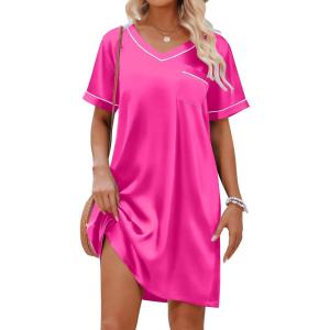 Ekouaer Satin Silk Nightgown for Women Silky Loose Sleepwear V Neck Nightshirt Short Sleeve Sleep Dress(Rose Red)