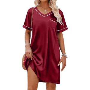 Ekouaer Satin Silk Nightgown for Women Silky Loose Sleepwear V Neck Nightshirt Short Sleeve Sleep Dress(Wine Red)