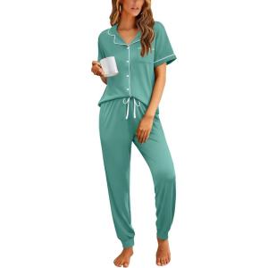 Ekouaer Women Pajama Set Short Sleeve Button Down Pjs Soft Comfy Sleepwear Nightwear with Jogger Pants(Aqua Green)