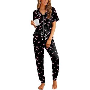 Ekouaer Women Pajama Set Short Sleeve Button Down Pjs Soft Comfy Sleepwear Nightwear with Jogger Pants(Black Cherry)