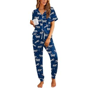 Ekouaer Women Pajama Set Short Sleeve Button Down Pjs Soft Comfy Sleepwear Nightwear with Jogger Pants(Blue Zebra)