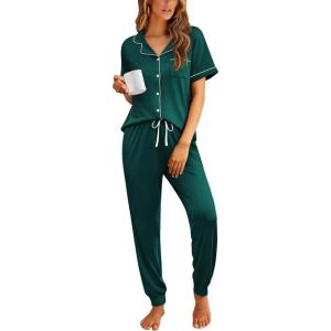 Ekouaer Women Pajama Set Short Sleeve Button Down Pjs Soft Comfy Sleepwear Nightwear with Jogger Pants(Dark Green)
