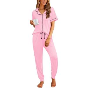 Ekouaer Women Pajama Set Short Sleeve Button Down Pjs Soft Comfy Sleepwear Nightwear with Jogger Pants(Pink)
