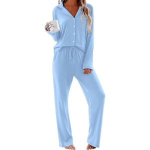 Ekouaer Women Pajamas Set Long Sleeve Sleepwear Button Down Pjs Soft 2 Piece Loungewear with Long Pants(A-light Blue)