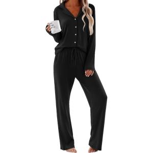 Ekouaer Women Pajamas Set Long Sleeve Sleepwear Button Down Pjs Soft 2 Piece Loungewear with Long Pants(Black)