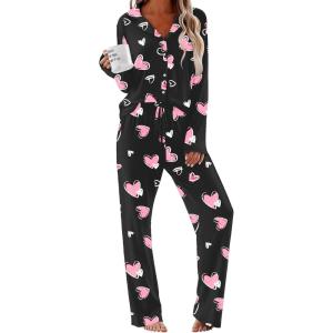 Ekouaer Women Pajamas Set Long Sleeve Sleepwear Button Down Pjs Soft 2 Piece Loungewear with Long Pants(Black With Pink Hearts)