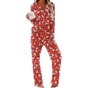 Ekouaer Women Pajamas Set Long Sleeve Sleepwear Button Down Pjs Soft 2 Piece Loungewear with Long Pants(Christmas Red)