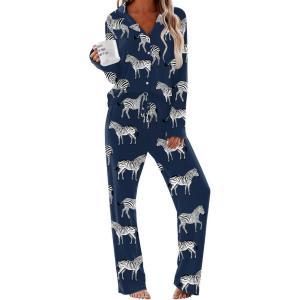 Ekouaer Women Pajamas Set Long Sleeve Sleepwear Button Down Pjs Soft 2 Piece Loungewear with Long Pants(Navy Zebra)