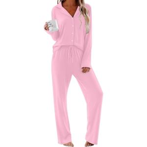 Ekouaer Women Pajamas Set Long Sleeve Sleepwear Button Down Pjs Soft 2 Piece Loungewear with Long Pants(Pink)