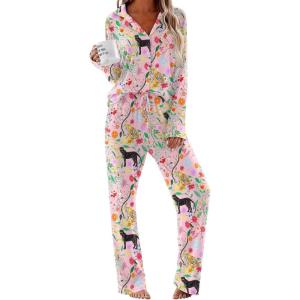 Ekouaer Women Pajamas Set Long Sleeve Sleepwear Button Down Pjs Soft 2 Piece Loungewear with Long Pants(Pink Tiger)