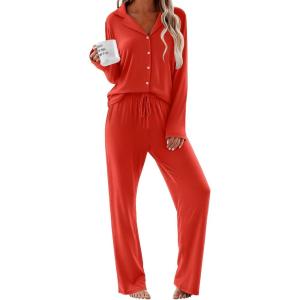 Ekouaer Women Pajamas Set Long Sleeve Sleepwear Button Down Pjs Soft 2 Piece Loungewear with Long Pants(Red)