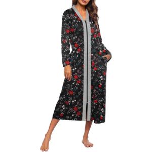 Ekouaer Women Zipper Robe Long Sleeve Loungewear Lightweight Housecoat Full Length Nightgown with Pockets(Black Floral)