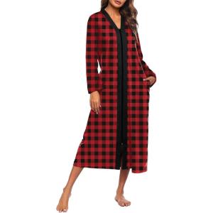Ekouaer Women Zipper Robe Long Sleeve Loungewear Lightweight Housecoat Full Length Nightgown with Pockets(Black and Red Plaid)
