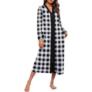 Ekouaer Women Zipper Robe Long Sleeve Loungewear Lightweight Housecoat Full Length Nightgown with Pockets(Gray Plaid)