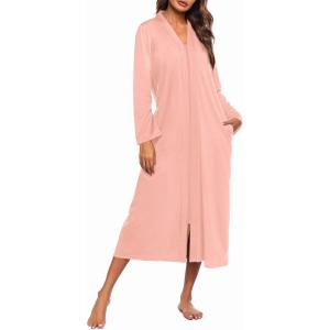 Ekouaer Women Zipper Robe Long Sleeve Loungewear Lightweight Housecoat Full Length Nightgown with Pockets(Light Coralline)