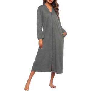 Ekouaer Women Zipper Robe Long Sleeve Loungewear Lightweight Housecoat Full Length Nightgown with Pockets(Medium Grey)