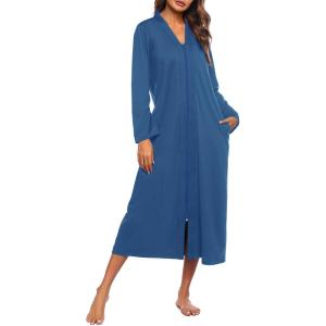 Ekouaer Women Zipper Robe Long Sleeve Loungewear Lightweight Housecoat Full Length Nightgown with Pockets(Navy)