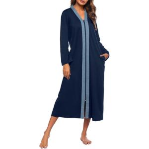Ekouaer Women Zipper Robe Long Sleeve Loungewear Lightweight Housecoat Full Length Nightgown with Pockets(Navy Blue)