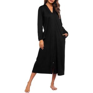 Ekouaer Women Zipper Robe Long Sleeve Loungewear Lightweight Housecoat Full Length Nightgown with Pockets(Pure Black)
