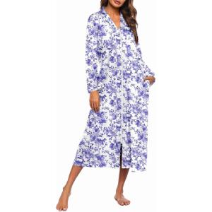 Ekouaer Women Zipper Robe Long Sleeve Loungewear Lightweight Housecoat Full Length Nightgown with Pockets(Purple Watercolor Flowers)