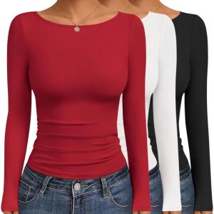 Ekouaer Women’s Boat Neck Tops 3 Packs Long Sleeve Shirts Ruched Fall Fashion 2025 Outfits Basic Thermal Underscrubs(3pcs Black / White / Red)