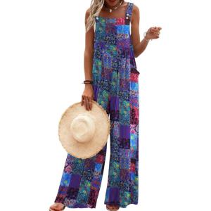 Ekouaer Women’s Casual Overalls Loose Wide Leg Jumpsuits Summer Boho Floral Printed Baggy Rompers with Pockets(A Blue Boho Print)