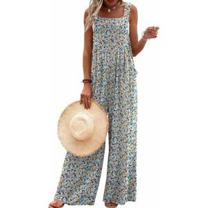 Ekouaer Women’s Casual Overalls Loose Wide Leg Jumpsuits Summer Boho Floral Printed Baggy Rompers with Pockets(A White Floral)