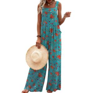 Ekouaer Women’s Casual Overalls Loose Wide Leg Jumpsuits Summer Boho Floral Printed Baggy Rompers with Pockets(Lake Blue Floral)