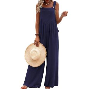 Ekouaer Women’s Casual Overalls Loose Wide Leg Jumpsuits Summer Boho Floral Printed Baggy Rompers with Pockets(Navy Blue)