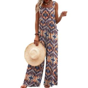 Ekouaer Women’s Casual Overalls Loose Wide Leg Jumpsuits Summer Boho Floral Printed Baggy Rompers with Pockets(Orange Bohemian)