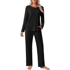 Ekouaer Womens Pajama Sets Pleated Tops with Long Pants Lounge Set Long Sleeve Fall Sleepwear Ladies Pjs S-XXL(Black)