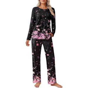 Ekouaer Womens Pajama Sets Pleated Tops with Long Pants Lounge Set Long Sleeve Fall Sleepwear Ladies Pjs S-XXL(Black Floral)