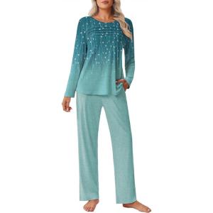 Ekouaer Womens Pajama Sets Pleated Tops with Long Pants Lounge Set Long Sleeve Fall Sleepwear Ladies Pjs S-XXL(Green Leaves)