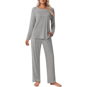 Ekouaer Womens Pajama Sets Pleated Tops with Long Pants Lounge Set Long Sleeve Fall Sleepwear Ladies Pjs S-XXL(Grey)