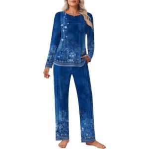 Ekouaer Womens Pajama Sets Pleated Tops with Long Pants Lounge Set Long Sleeve Fall Sleepwear Ladies Pjs S-XXL(Navy Folk Print)