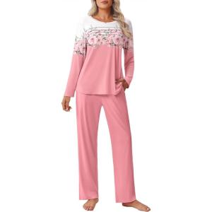 Ekouaer Womens Pajama Sets Pleated Tops with Long Pants Lounge Set Long Sleeve Fall Sleepwear Ladies Pjs S-XXL(Pink Floral)