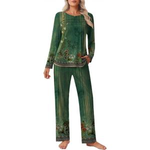 Ekouaer Womens Pajama Sets Pleated Tops with Long Pants Lounge Set Long Sleeve Fall Sleepwear Ladies Pjs S-XXL(Sage Folk Print)