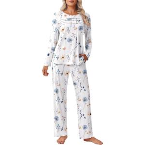 Ekouaer Womens Pajama Sets Pleated Tops with Long Pants Lounge Set Long Sleeve Fall Sleepwear Ladies Pjs S-XXL(White Floral)