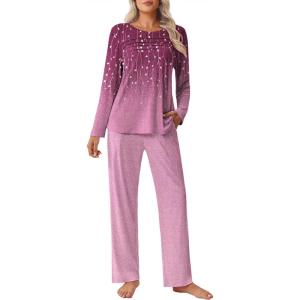Ekouaer Womens Pajama Sets Pleated Tops with Long Pants Lounge Set Long Sleeve Fall Sleepwear Ladies Pjs S-XXL(Wine Ombre Leaves)