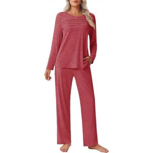 Ekouaer Womens Pajama Sets Pleated Tops with Long Pants Lounge Set Long Sleeve Fall Sleepwear Ladies Pjs S-XXL(Wine Red)