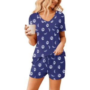 Ekouaer Womens Pajama Sets Short Sleeve Pajamas for Women Sets Soft Lounge Sets Casual V Neck Sleepwear PJS(Blue Moon)